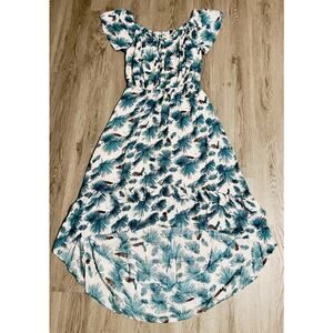 Off Shoulder High Low Maxi Dress Sz Small Teal Tropical Palm Tiered Ruffle Boho